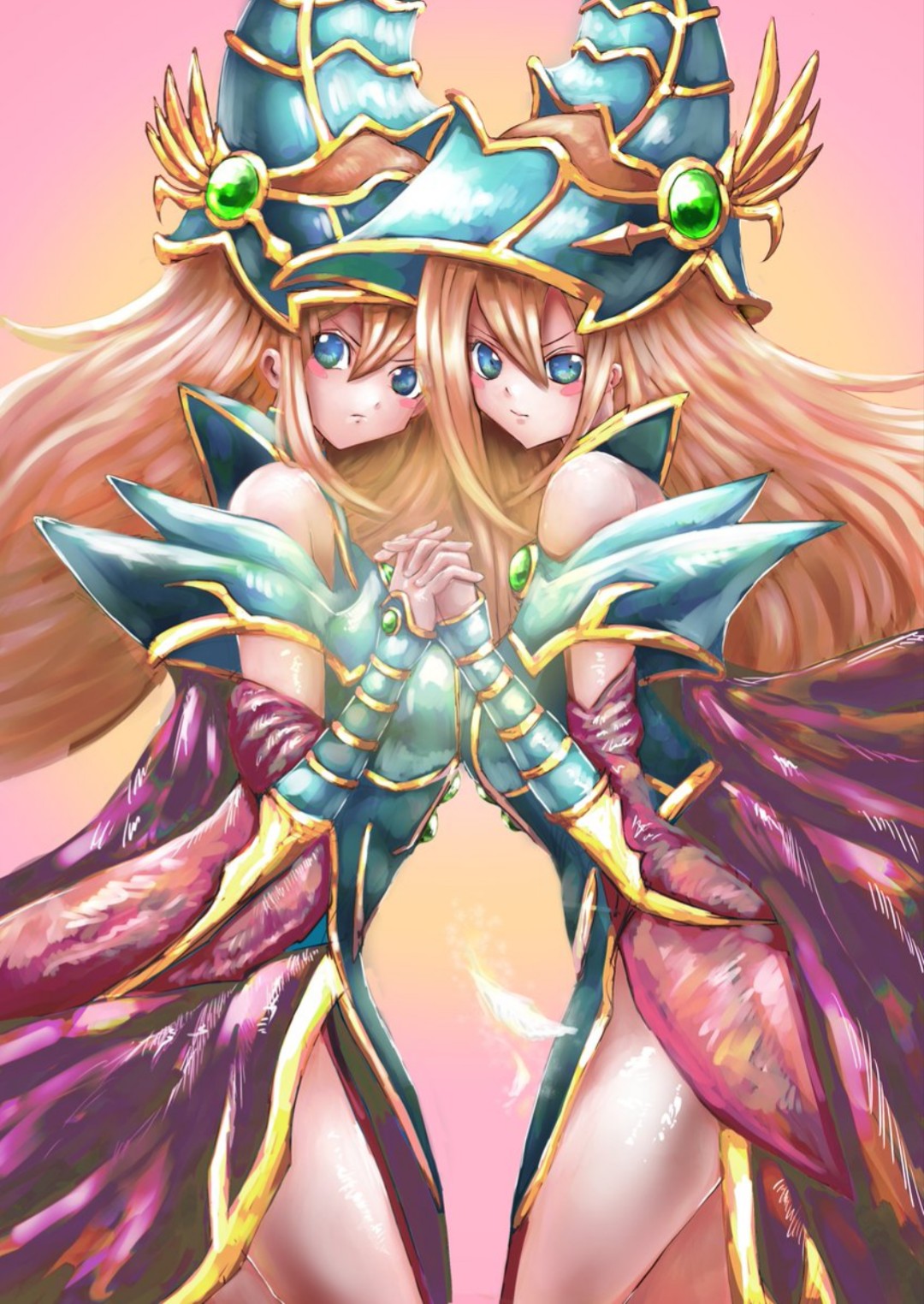 2girls bangs bare_shoulders blue_eyes blush blush_stickers breasts brown_hair closed_mouth dual_persona duel_monster gloves green_eyes hat highres holding holding_hands large_breasts lipgloss long_hair magician's_valkyria rm_up signature solo ushihime wand witch_hat wizard_hat yu-gi-oh! yu-gi-oh!_duel_monsters yuu-gi-ou yuu-gi-ou_duel_monsters