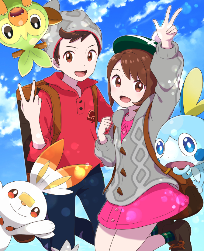 1boy 1girl :d arm_up backpack bag bangs beanie bob_cut boots brown_bag brown_eyes brown_footwear brown_hair buttons cable_knit cardigan clouds collared_dress commentary_request day denim dress gloria_(pokemon) green_headwear green_legwear grey_cardigan grey_headwear grookey hat hirako hooded_cardigan inward_v jeans open_mouth outdoors pants pink_dress plaid plaid_legwear pokemon pokemon_(creature) pokemon_(game) pokemon_swsh red_shirt scorbunny shirt shoes short_hair sky sleeves_rolled_up smile sobble socks starter_pokemon_trio suitcase swept_bangs tam_o'_shanter tongue torn_clothes torn_jeans torn_pants victor_(pokemon) w