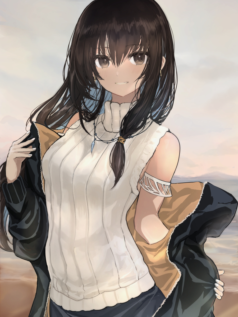 1girl arm_strap bangs bare_shoulders beach black_jacket blue_hair blush breasts brown_eyes brown_hair commentary_request cowboy_shot day earrings eyebrows_visible_through_hair hinomaru_(futagun) horizon jacket jewelry looking_at_viewer medium_breasts multicolored_hair necklace ocean open_clothes open_jacket original outdoors parted_lips sleeveless sleeveless_sweater smile solo sweater two-tone_hair undressing white_sweater