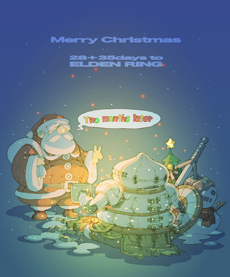 2boys armor beard bell belt campfire christmas christmas_tree cup dark_souls_(series) english_text facial_hair full_armor hat helm helmet holding holding_cup holding_sack looking_at_another male_focus mug multiple_boys mustache nakayama_tooru over_shoulder pauldrons rock sack santa_claus santa_hat scarf shield shoulder_armor siegmeyer_of_catarina sitting snow snowing snowman speech_bubble standing star_(symbol) sword v vambraces weapon wide_sleeves