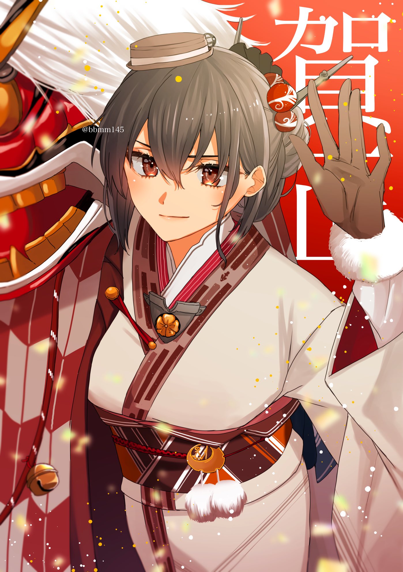 1girl alternate_hairstyle background_text bangs bell black_gloves black_hair breasts commentary_request gloves grey_headwear hair_bun hair_up hat headgear highres japanese_clothes kantai_collection kimono lion_dance long_hair long_sleeves machi_(ritovoyage) nagato_(kancolle) new_year obi official_alternate_costume official_alternate_hairstyle pom_pom_(clothes) red_background red_eyes sash shishimai simple_background solo twitter_username upper_body waving wide_sleeves