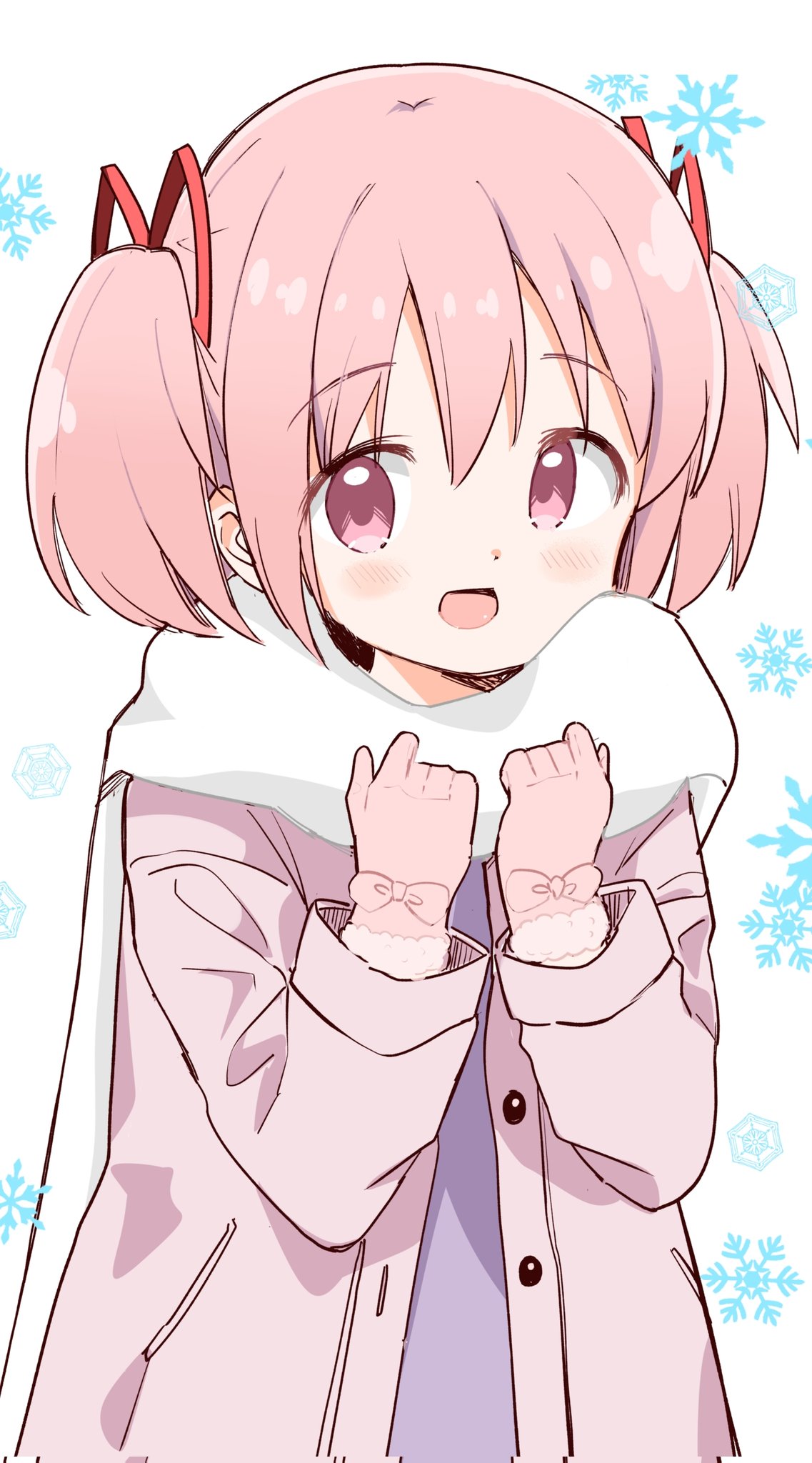 1girl adjusting_clothes adjusting_scarf bow brown_coat coat dot_nose eyebrows_visible_through_hair facing_viewer fur-trimmed_gloves fur_trim glove_bow gloves hair_between_eyes hair_ribbon hands_up happy highres kaname_madoka light_blush mahou_shoujo_madoka_magica open_clothes open_coat open_mouth pink_bow pink_eyes pink_gloves pink_hair red_ribbon ribbon scarf short_twintails sideways_glance simple_background snowflakes solo tsubaki_(tatajd) twintails white_background white_scarf winter_clothes