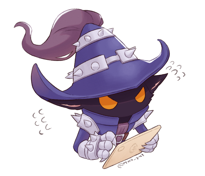 1boy 7mb_yut angry black_skin blue_headwear blue_jacket colored_skin cropped_torso flying_sweatdrops gauntlets grey_background hat holding jacket league_of_legends orange_eyes serious simple_background spikes twitter_username veigar witch_hat yordle