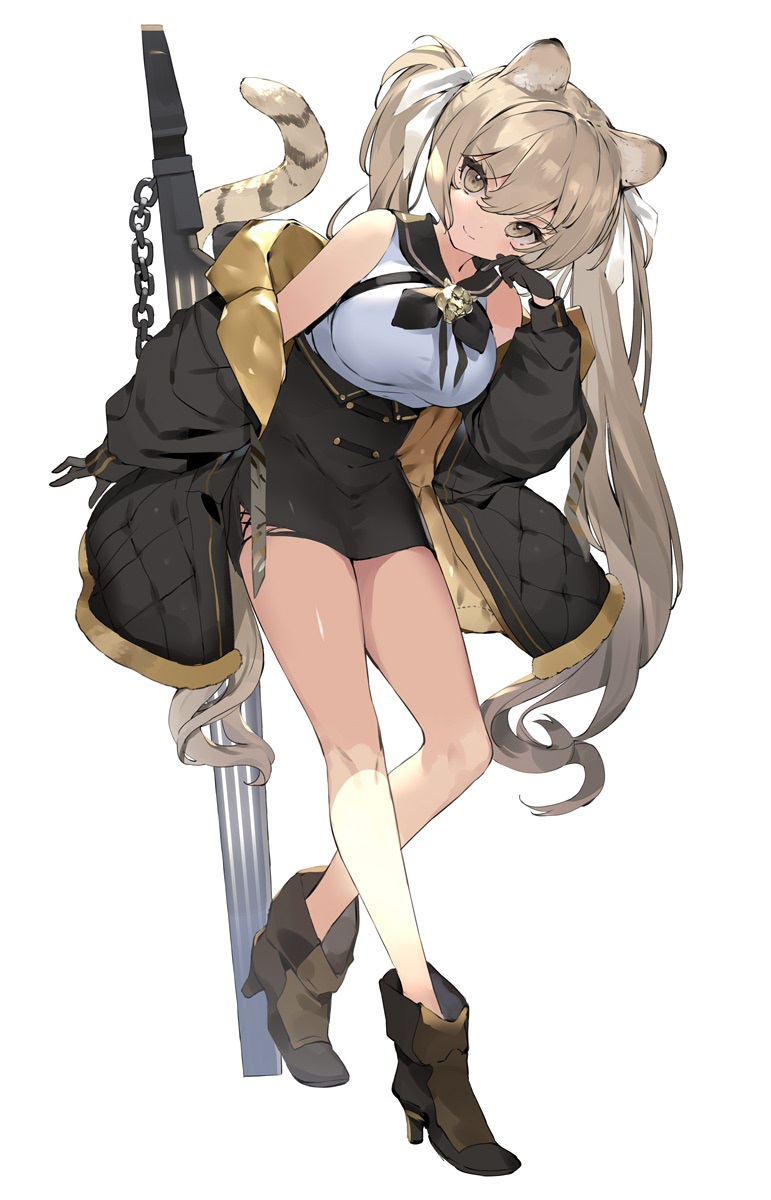 &gt;:) 1girl animal_ear_fluff animal_ears bangs black_gloves black_jacket black_sailor_collar black_skirt breasts brown_eyes brown_hair closed_mouth eyebrows_visible_through_hair full_body gloves hair_between_eyes hand_up highres jacket long_sleeves looking_at_viewer medium_breasts nauribon off_shoulder open_clothes open_jacket original puffy_long_sleeves puffy_sleeves sailor_collar shirt simple_background skirt sleeveless sleeveless_shirt smile solo tail tiger_ears tiger_girl tiger_tail twintails v-shaped_eyebrows white_background white_shirt