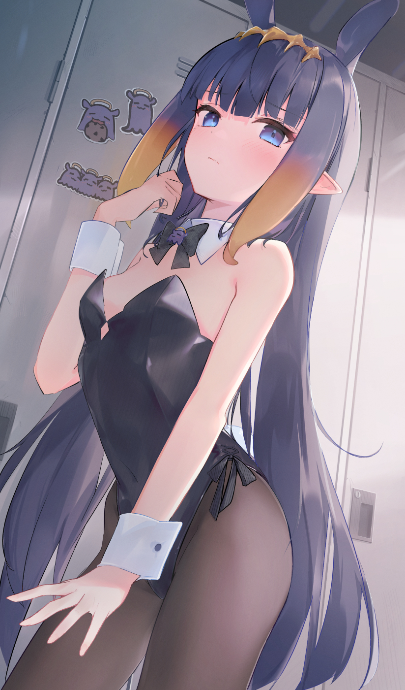 1girl :3 blue_eyes blue_hair blush breasts cookie cowboy_shot detached_collar food from_below halo highres hololive hololive_english locker locker_room long_hair looking_at_viewer multicolored_hair ninomae_ina'nis pantyhose playboy_bunny pointy_ears purple_hair small_breasts solo streaked_hair t6_ti tako_(ninomae_ina'nis) wrist_cuffs