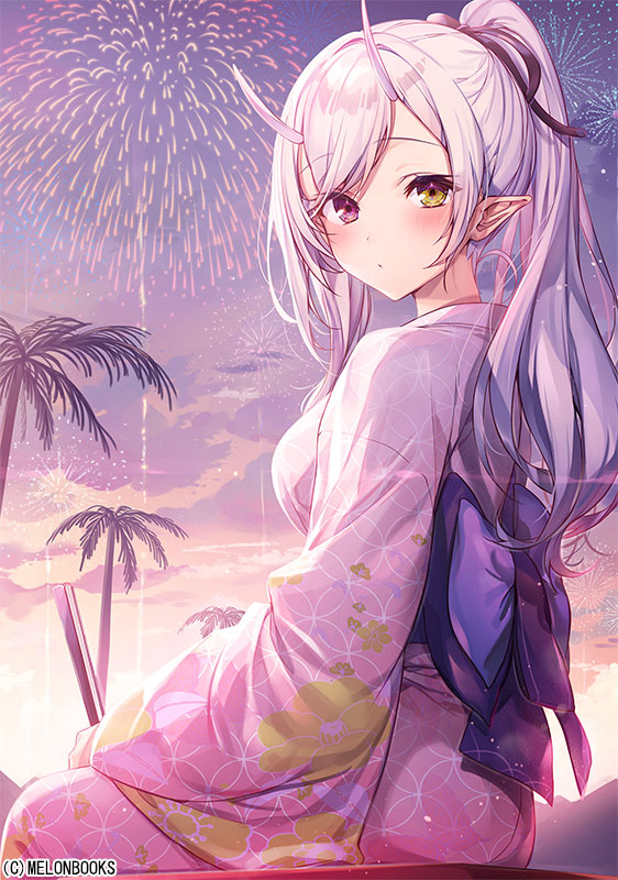 1girl blush bow bowtie breasts fireworks heterochromia horns japanese_clothes kimono komeshiro_kasu large_breasts long_hair looking_at_viewer melonbooks oni_horns original palm_tree pointy_ears purple_hair ribbon solo tree