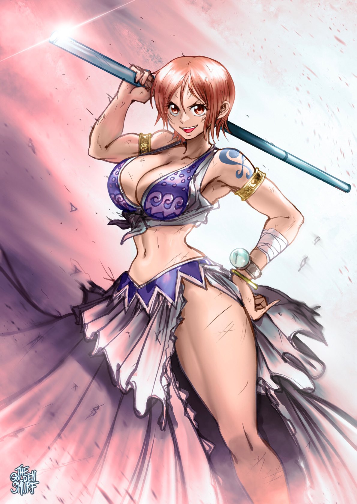 1girl armlet bikini bikini_top bracelet breasts highres jewelry large_breasts log_pose nami_(one_piece) official_alternate_costume one_piece orange_hair short_hair shoulder_tattoo smile solo swimsuit tattoo the_golden_smurf thighs toned torn_clothes