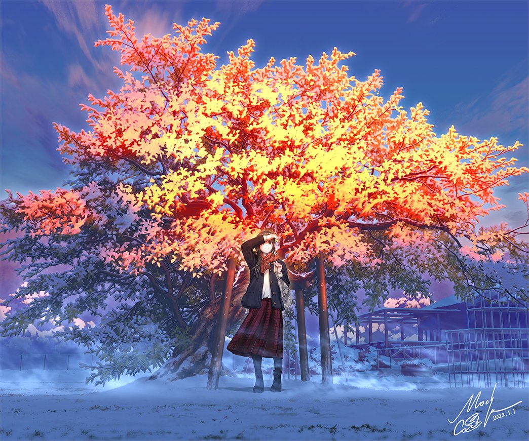 1girl arm_up bag black_footwear black_jacket boots brown_hair building clouds dated horizon jacket long_hair mocha_(cotton) original outdoors pantyhose plaid plaid_skirt ponytail red_scarf red_skirt scarf scenery shirt signature skirt sky snow solo standing sunlight tree white_shirt wide_shot