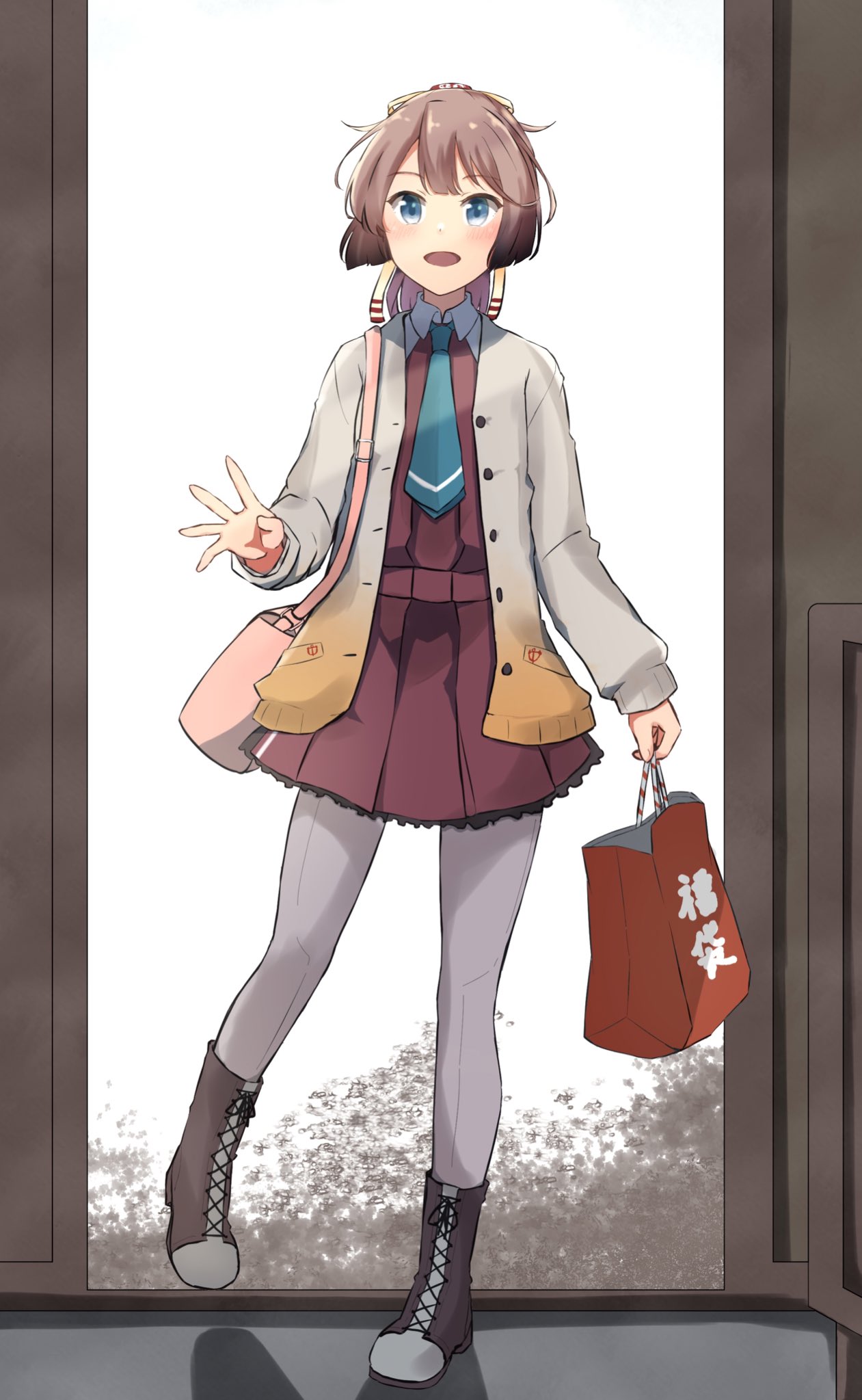 1girl aqua_necktie bag blue_eyes blush boots brown_hair cross-laced_footwear eyebrows_visible_through_hair full_body grey_legwear hair_between_eyes highres holding holding_bag jacket kantai_collection kazagumo_(kancolle) kure_jirou lace-up_boots long_hair long_sleeves necktie open_clothes open_jacket open_mouth pantyhose ponytail purple_skirt purple_vest skirt smile solo vest