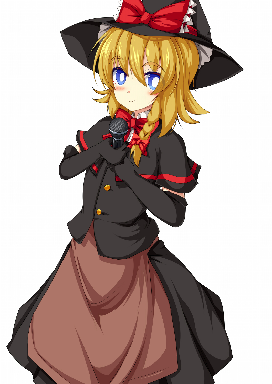 1girl apron bangs black_capelet black_gloves black_headwear black_skirt black_vest blonde_hair blue_eyes blush bow bowtie bright_pupils brown_apron buttons capelet closed_mouth commentary_request cookie_(touhou) elbow_gloves eyebrows_visible_through_hair feet_out_of_frame frilled_bow frilled_hat frills gloves hair_between_eyes hair_bow hat hat_bow highres holding holding_microphone kirisame_marisa long_hair looking_at_viewer meguru_(cookie) microphone red_bow red_bowtie simple_background skirt smile solo szk touhou vest waist_apron white_background white_pupils witch_hat