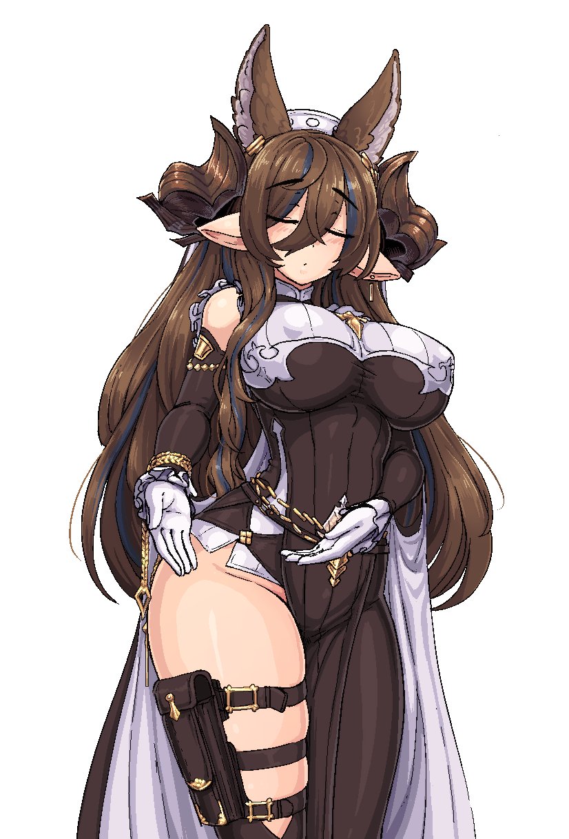 1girl animal_ears bangs barbariank black_dress blush breasts brown_hair closed_eyes cowboy_shot detached_sleeves dress earrings english_commentary extra_ears galleon_(granblue_fantasy) gloves granblue_fantasy groin highres holster horns impossible_clothes jewelry large_breasts long_hair multicolored_hair pelvic_curtain pointy_ears raised_eyebrows simple_background single_earring sleeveless sleeveless_dress solo streaked_hair thigh_holster thighs turtleneck white_background white_gloves
