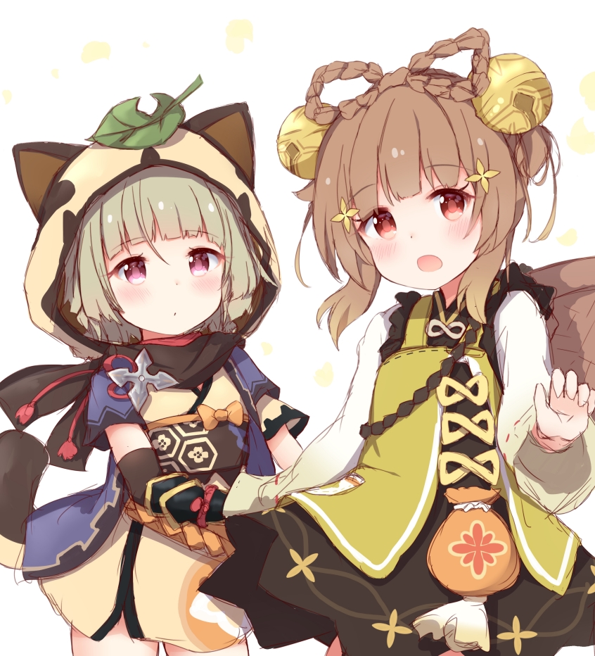 2girls animal_ears animal_hood bangs bell blush bow brown_hair dress eyebrows_visible_through_hair fake_animal_ears genshin_impact hair_bell hair_ornament hood leaf leaf_on_head looking_at_viewer medium_hair multicolored_clothes multicolored_dress multiple_girls ninja open_mouth raccoon_ears red_eyes sayu_(genshin_impact) short_dress shuriken silver_hair simple_background tail tutsucha_illust violet_eyes weapon yaoyao_(genshin_impact)