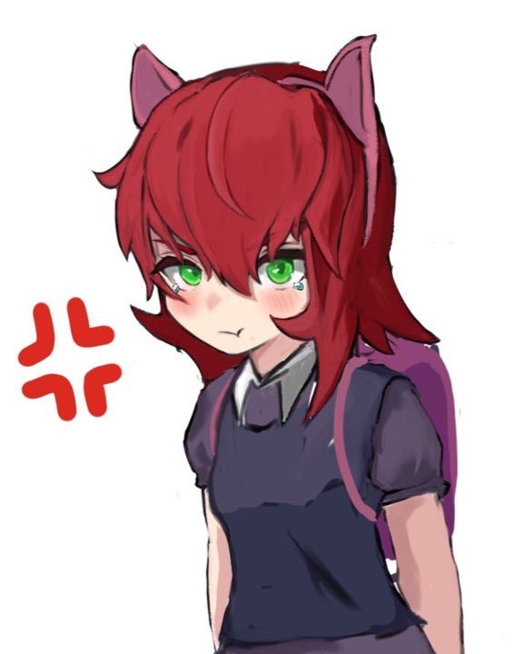 1girl anger_vein animal_ears annie_(league_of_legends) backpack bag bangs blush cat_ears closed_mouth fake_animal_ears green_eyes hair_between_eyes hairband league_of_legends looking_at_viewer medium_hair pink_hairband pout qusouzu_mogari redhead short_sleeves simple_background solo white_background