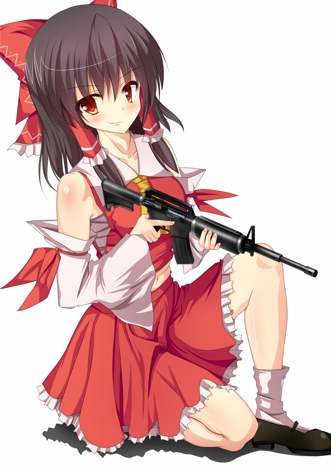 1girl ascot assault_rifle bangs black_footwear black_hair blush bow breasts brown_hair closed_mouth commentary_request cookie_(touhou) detached_sleeves eyebrows_visible_through_hair frilled_bow frilled_hair_tubes frilled_skirt frills full_body gun hair_bow hair_tubes hakurei_reimu highres holding holding_gun holding_weapon long_hair looking_at_viewer m16 medium_breasts one_knee red_bow red_skirt red_vest reu_(cookie) rifle sarashi shirt shoes sidelocks simple_background skirt sleeveless sleeveless_shirt smile socks solo szk touhou vest weapon white_background white_legwear white_sleeves yellow_ascot