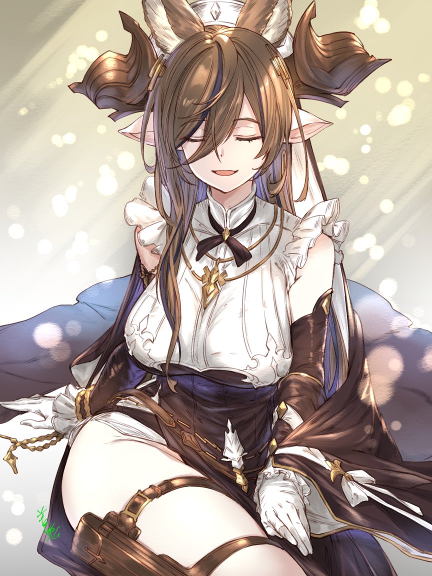 1girl animal_ears bangs black_ribbon breasts brown_hair closed_eyes detached_sleeves dress earrings extra_ears facing_viewer galleon_(granblue_fantasy) gloves granblue_fantasy groin hair_between_eyes holster horns jewelry large_breasts neck_ribbon necklace open_mouth pointy_ears ribbon single_earring sitting sleeveless sleeveless_dress smile solo thigh_holster thighs white_gloves youmou_usagi