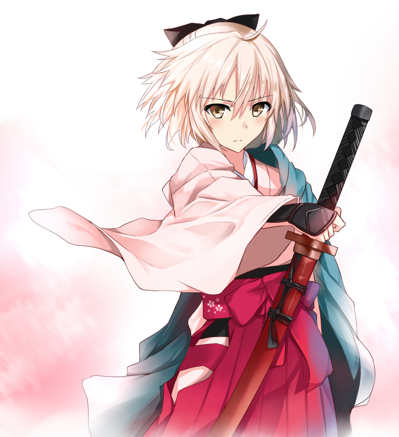 1girl absurdres ahoge bangs black_bow blonde_hair bow cherry_blossoms day fate/grand_order fate_(series) floating_hair hair_between_eyes hair_bow hakama highres japanese_clothes kimono koha-ace long_sleeves looking_at_viewer okita_souji_(fate) okita_souji_(fate)_(all) okita_souji_(koha/ace) outdoors petals pink_flower pink_kimono red_hakama shiny shiny_hair short_hair smile solo standing tuedus wagashi wide_sleeves yellow_eyes