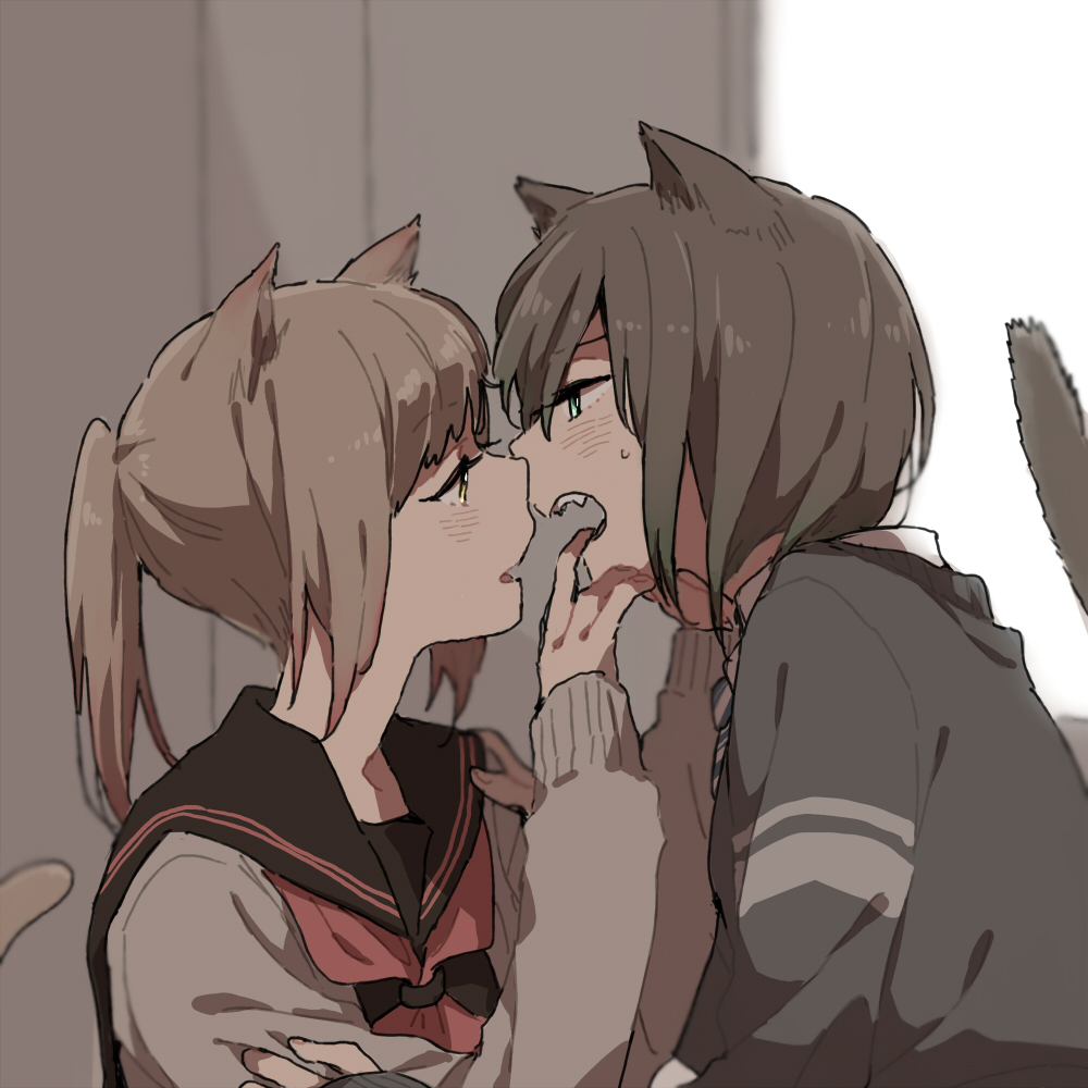 2girls :d animal_ears aqua_eyes bangs black_sailor_collar blurry blurry_background blush cat_ears cat_girl cat_tail couple depth_of_field diagonal_stripes eye_contact eyebrows_visible_through_hair face-to-face fangs finger_in_another's_mouth finger_in_mouth from_side green_eyes grey_sweater half-closed_eyes hand_on_another's_arm hand_on_another's_shoulder hands_up imminent_kiss indoors light_brown_hair long_sleeves looking_at_another multiple_girls neckerchief necktie open_mouth original parted_lips ponytail profile red_neckerchief ree_(re-19) sailor_collar shade short_hair smile striped striped_necktie sweat sweater tail tail_raised teeth upper_body upper_teeth yellow_eyes yuri