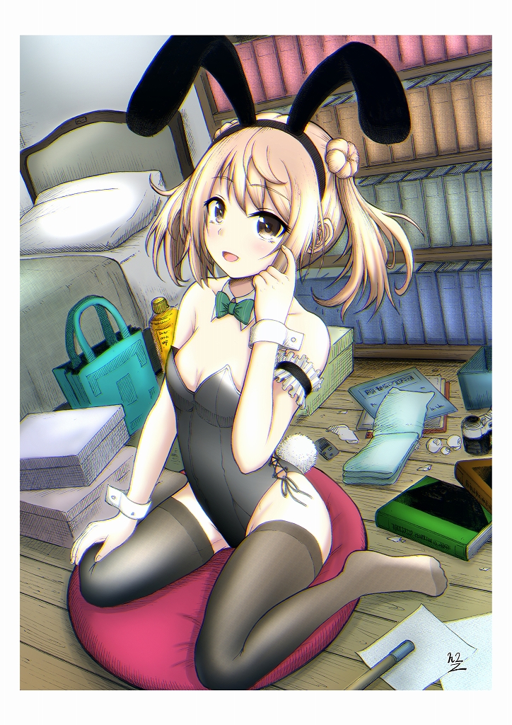 1girl alternate_costume animal_ears black_legwear black_leotard bow bowtie breasts detached_collar double_bun fake_animal_ears fake_tail green_bow green_bowtie h2_(h20000000) hair_bun highleg highleg_leotard indoors kantai_collection leotard light_brown_hair michishio_(kancolle) playboy_bunny rabbit_ears rabbit_tail short_twintails side-tie_leotard sitting small_breasts solo strapless strapless_leotard tail thigh-highs twintails wariza wrist_cuffs yellow_eyes