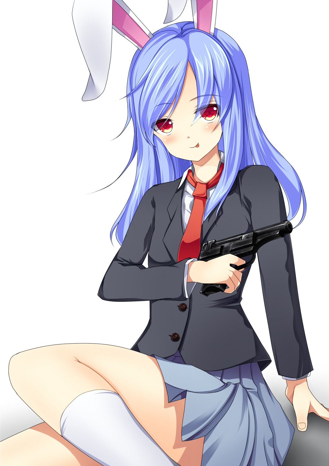 1girl :p alternate_hair_color animal_ears bangs black_jacket blazer blue_hair blue_skirt blush closed_mouth collared_shirt commentary_request cookie_(touhou) eyebrows_visible_through_hair feet_out_of_frame gun handgun highres hisui_(cookie) holding holding_gun holding_weapon jacket long_hair looking_at_viewer necktie pistol rabbit_ears red_eyes red_necktie reisen_udongein_inaba shirt skirt smile socks solo szk tongue tongue_out touhou weapon white_background white_legwear white_shirt