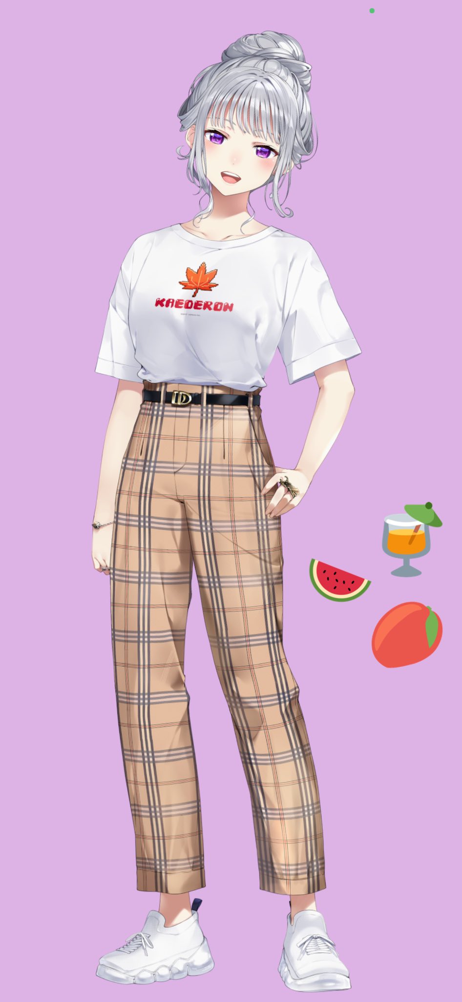 1girl alternate_costume belt blush bracelet brown_pants cocktail cocktail_glass cup drinking_glass english_text eyebrows eyelashes food fruit grey_hair highres higuchi_kaede jewelry leaf looking_at_viewer mango maple_leaf mole mole_under_eye nezumidoshi nijisanji official_alternate_costume official_art open_mouth pants pink_background ring shirt shirt_tucked_in shoes smile sneakers solo standing t-shirt teeth violet_eyes virtual_youtuber watermelon white_footwear white_shirt