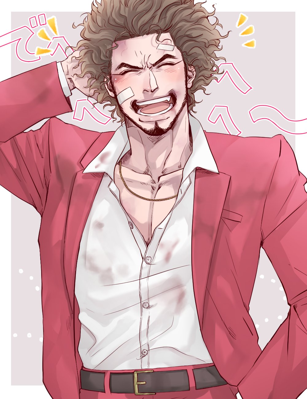 1boy afro after_battle arm_behind_head bandage_on_face bandages brown_hair closed_eyes coco_(h221414) dirty dirty_clothes facial_hair gold_necklace hand_in_pocket highres jacket jewelry kasuga_ichiban male_focus necklace pants red_jacket red_pants ryuu_ga_gotoku ryuu_ga_gotoku_7 shirt smile white_shirt
