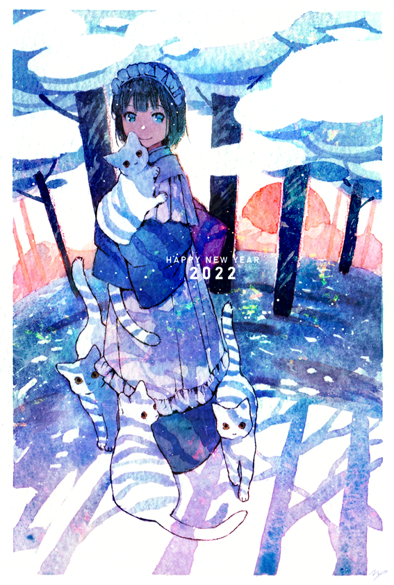 1girl 2022 animal apron backlighting bangs black_hair blue_eyes blue_kimono blunt_bangs bob_cut border cat closed_mouth dappled_sunlight english_text forest frilled_apron frilled_hairband frills from_side full_body hairband happy_new_year holding holding_animal holding_cat japanese_clothes kimono limited_palette long_sleeves looking_at_viewer looking_to_the_side maeya_susumu maid-san_wa_taberu_dake maid_apron maid_headdress nature new_year official_art outdoors shade smile solo standing sunlight suzume_(maid-san_wa_taberu_dake) traditional_media tree tree_shade wa_maid white_apron white_border white_cat white_hairband wide_sleeves