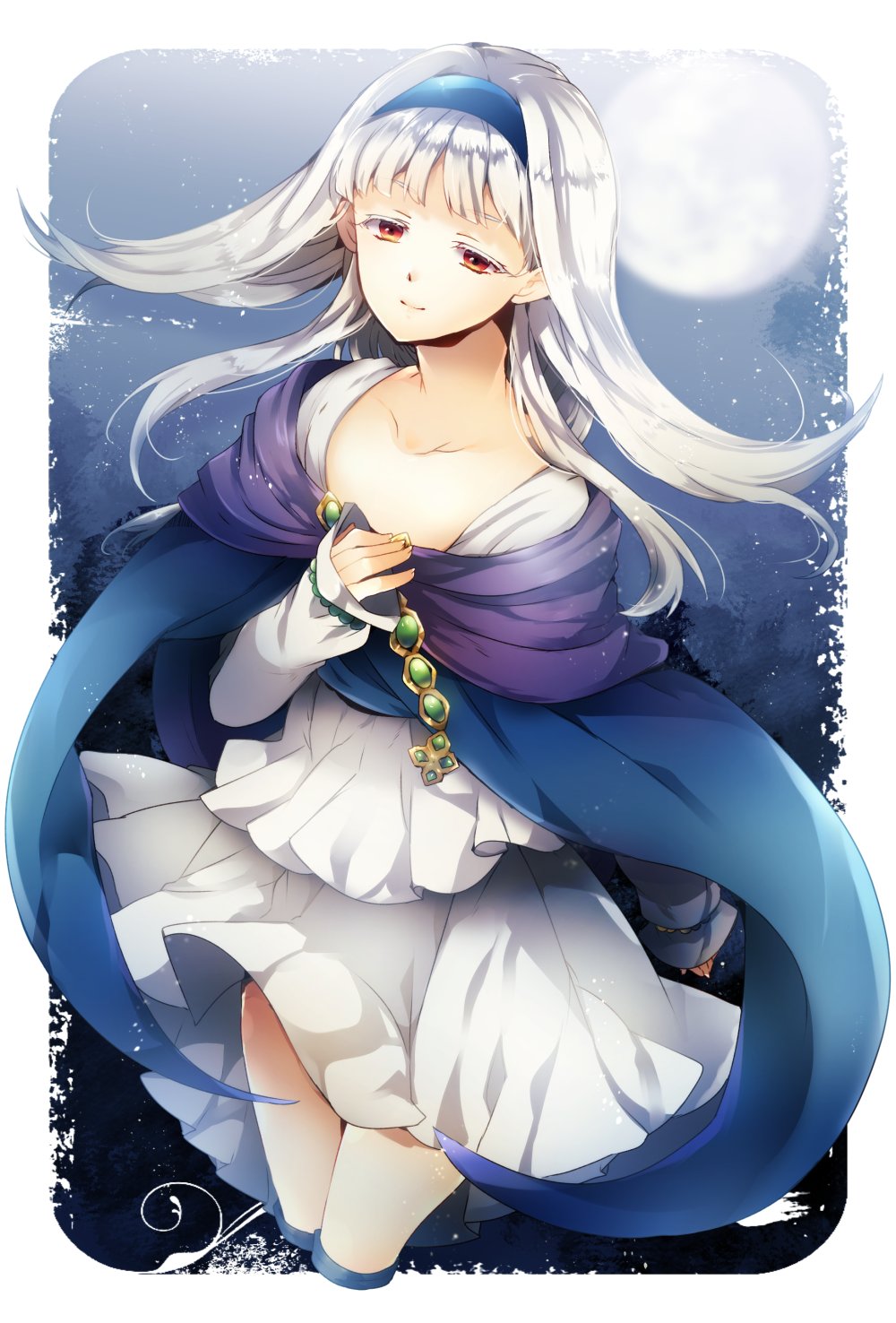 1girl akatsuki_yakyou bangs blouse blue_hairband brooch cape closed_mouth collarbone cropped_legs feet_out_of_frame female gensou_suikoden gensou_suikoden_ii gensou_suikogaiden hairband hand_on_own_chest highres jewelry long_hair looking_at_viewer moon parted_bangs red_eyes sierra_mikain silver_hair skirt smile solo suikoden_ii white_blouse white_skirt
