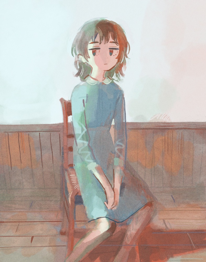 1girl blue_dress brown_hair closed_mouth commentary dress expressionless feet_out_of_frame hands_on_lap indoors long_sleeves looking_at_viewer medium_hair muji_(uimss) on_chair original sitting solo wooden_chair wooden_floor