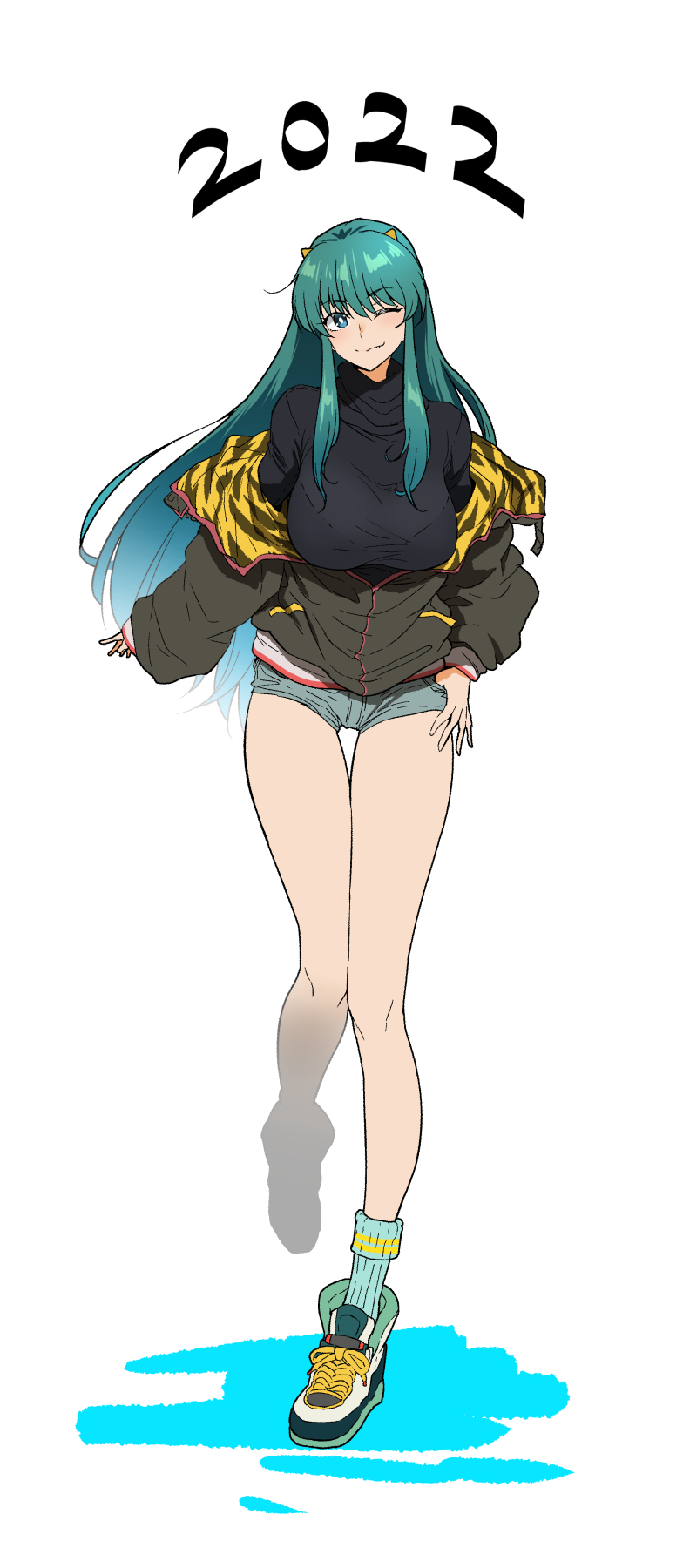 1girl 2022 ;) alternate_costume aqua_hair aqua_legwear arms_at_sides blue_eyes blue_hair chinese_zodiac commentary_request cross-laced_footwear full_body green_hair head_tilt henriiku_(ahemaru) highres horns jacket long_hair long_sleeves looking_at_viewer lum off_shoulder one_eye_closed oni pointy_ears shoes short_shorts shorts sidelocks simple_background sleeves_past_wrists smile sneakers socks solo thigh_strap thumb_in_pocket tiger_stripes turtleneck urusei_yatsura very_long_hair white_background year_of_the_tiger