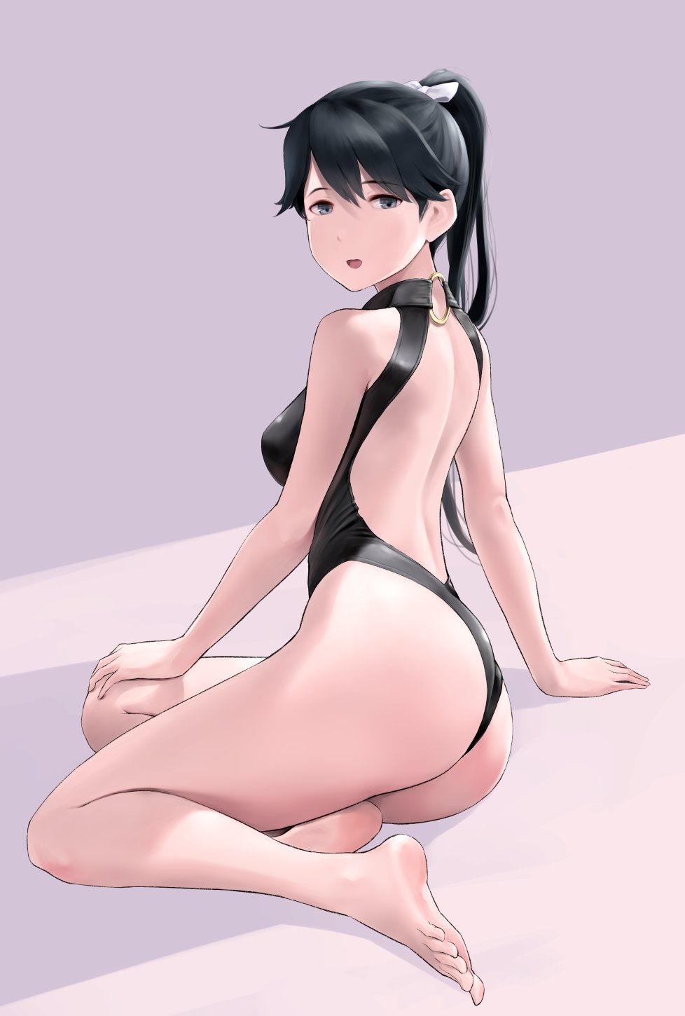 1girl bare_arms bare_legs bare_shoulders barefoot black_eyes black_hair black_swimsuit eyebrows_visible_through_hair full_body hair_between_eyes highres houshou_(kancolle) kantai_collection long_hair one-piece_swimsuit open_mouth ponytail smile solo swimsuit wa_(genryusui)