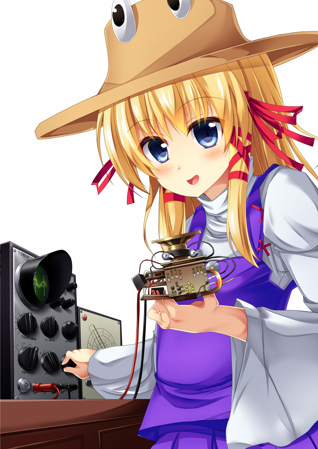 1girl bangs blonde_hair blue_eyes blush brown_headwear circuit commentary_request cookie_(touhou) eyebrows_visible_through_hair hair_ribbon hat highres kaibara_elena_(cookie) long_hair long_sleeves looking_at_viewer moriya_suwako open_mouth oscilloscope purple_skirt purple_vest red_ribbon ribbon shirt skirt skirt_set smile solo szk touhou turtleneck upper_body vest white_background white_shirt wide_sleeves wire