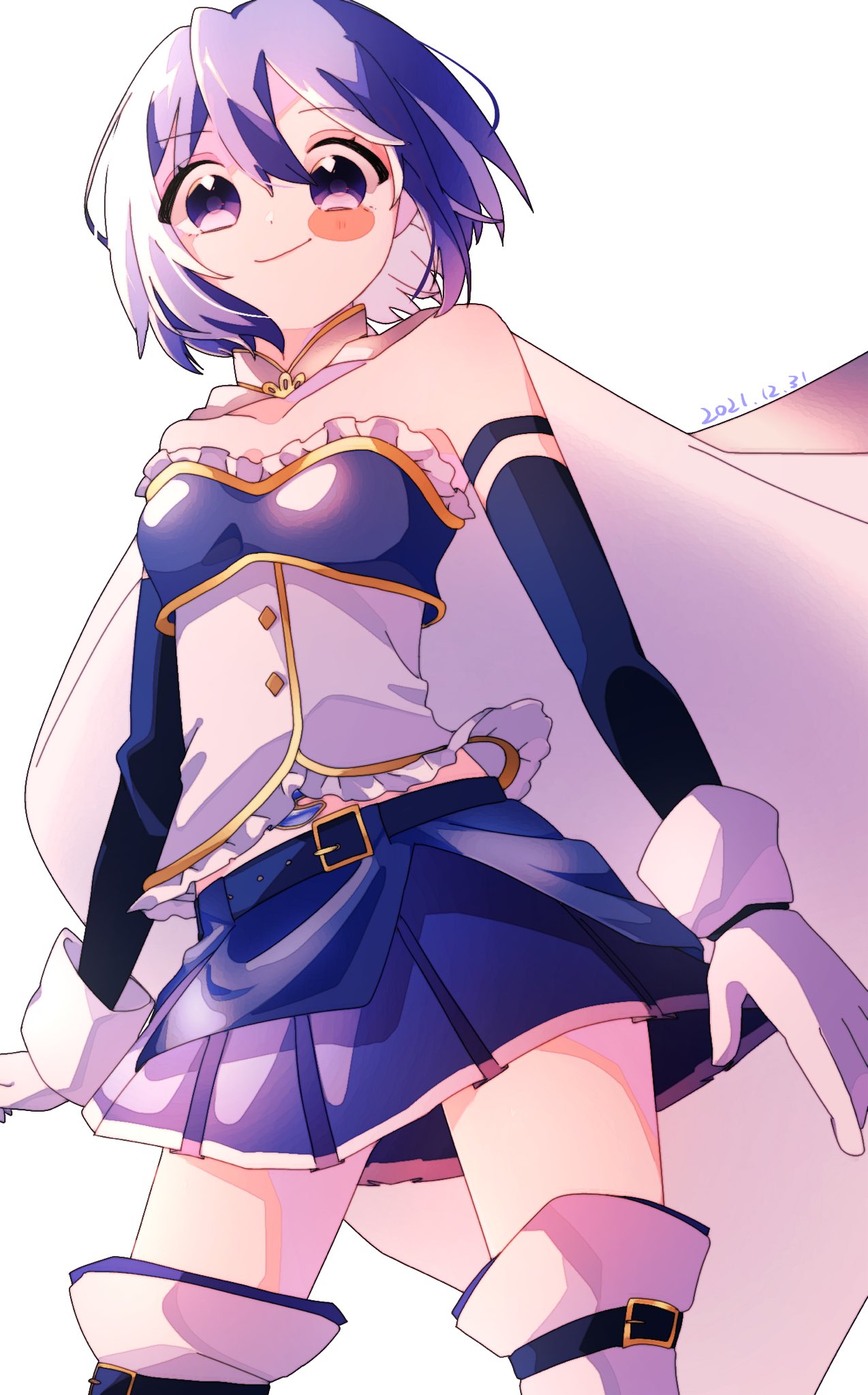 1girl 2021 arms_at_sides bare_shoulders belt belt_buckle blue_belt blue_eyes blue_hair blue_skirt blush_stickers breasts buckle cape chino_(m_chi_no) closed_mouth collarbone contrapposto cowboy_shot dated detached_sleeves dot_nose eyebrows_visible_through_hair frills gloves gold_trim hair_between_eyes highres legs_apart looking_at_viewer looking_down mahou_shoujo_madoka_magica miki_sayaka pleated_skirt short_hair simple_background skirt small_breasts smile solo soul_gem strapless thigh-highs white_background white_cape white_gloves white_legwear zettai_ryouiki
