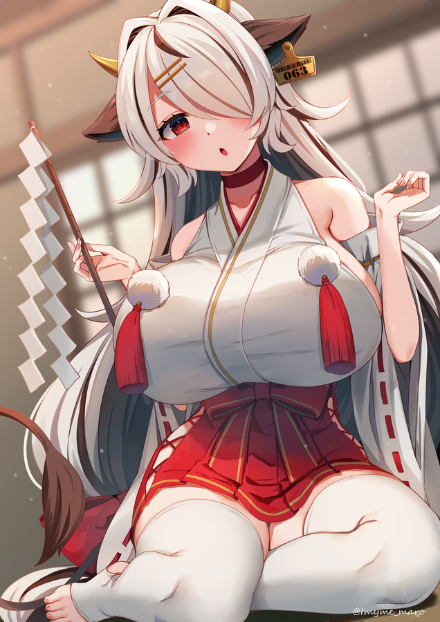 1girl :o animal_ears bare_shoulders blurry blush breasts choker cow_ears cow_girl cow_horns cow_tail detached_sleeves ear_tag gohei hair_intakes hair_over_one_eye holding horns huge_breasts long_hair looking_at_viewer marota miniskirt nontraditional_miko original pom_pom_(clothes) red_choker red_eyes red_skirt ribbon-trimmed_sleeves ribbon_trim silver_hair sitting skirt solo tail tassel thigh-highs toeless_legwear twintails very_long_hair virtual_youtuber white_legwear wide_sleeves yokozuwari