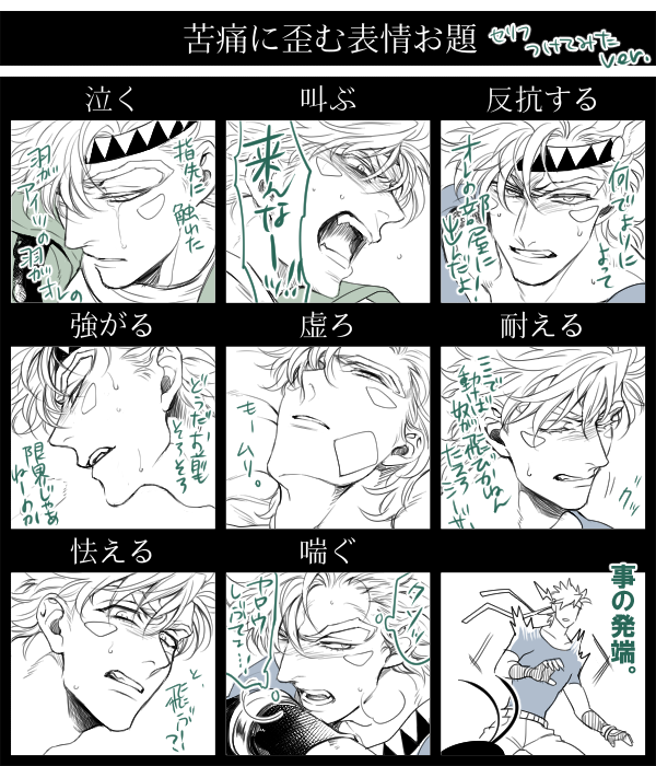 battle_tendency blush breath caesar_anthonio_zeppeli expression_chart facial_mark feather_hair_ornament feathers fingerless_gloves gloves hair_ornament jojo_no_kimyou_na_bouken partially_colored s_gentian speech_bubble sweat tears text_focus translation_request