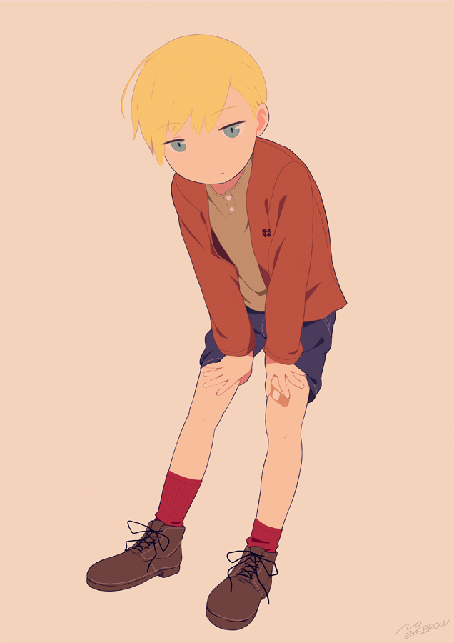 1boy bandaid blonde_hair blue_eyes closed_mouth commentary_request denim denim_shorts eyebrows_visible_through_hair looking_at_viewer male_focus noeyebrow_(mauve) original red_legwear short_hair short_shorts shorts simple_background solo