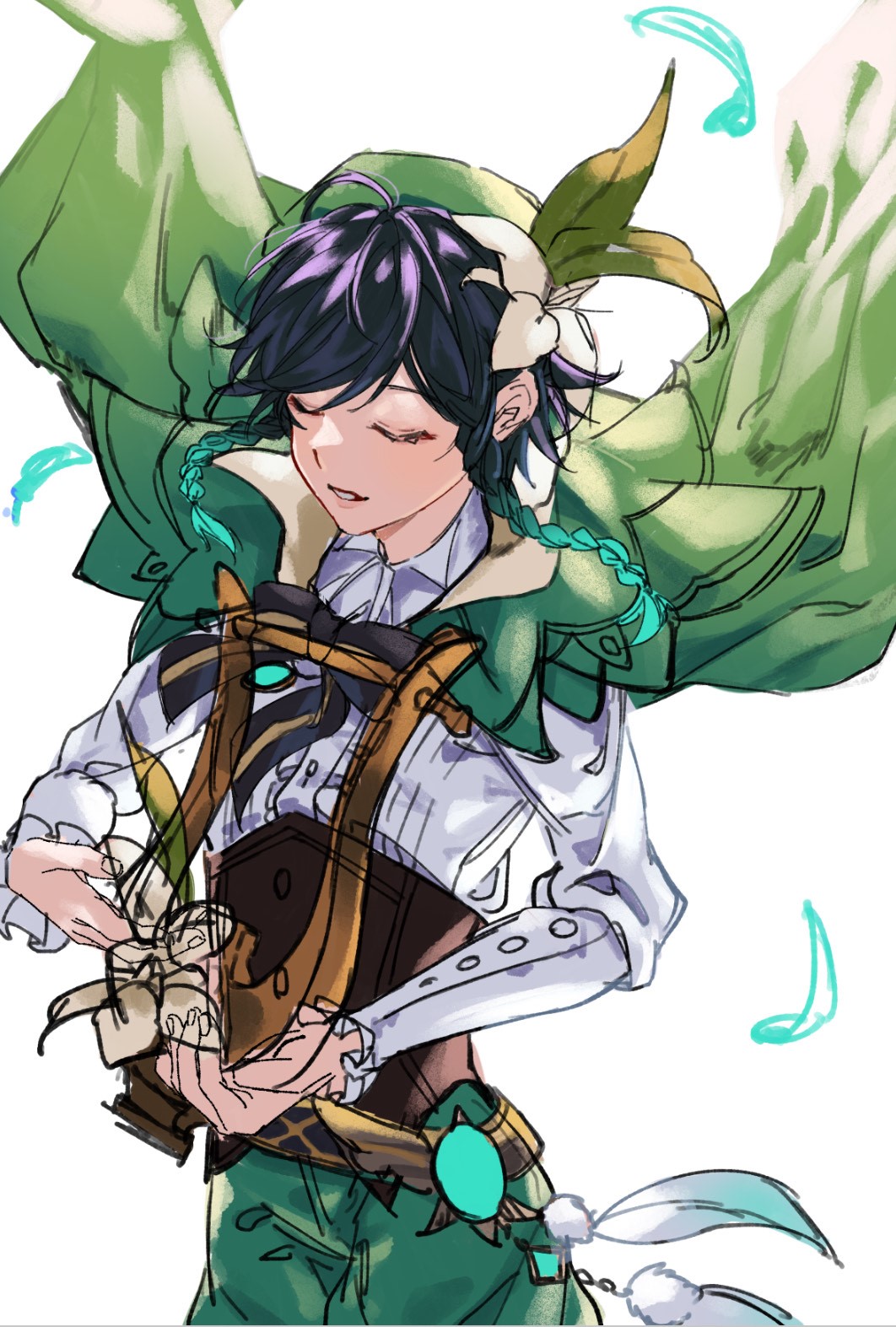 1boy androgynous bangs beret black_hair blue_hair bow braid brooch closed_eyes collared_cape collared_shirt commentary_request corset feathers flower frilled_sleeves frills gem genshin_impact gradient_hair green_headwear green_shorts hair_flower hair_ornament hat highres holding holding_instrument instrument jewelry leaf long_sleeves lyre male_focus multicolored_hair omotim000 open_mouth shirt short_hair_with_long_locks shorts side_braids sidelocks simple_background solo twin_braids venti_(genshin_impact) vision_(genshin_impact) white_background white_flower white_shirt