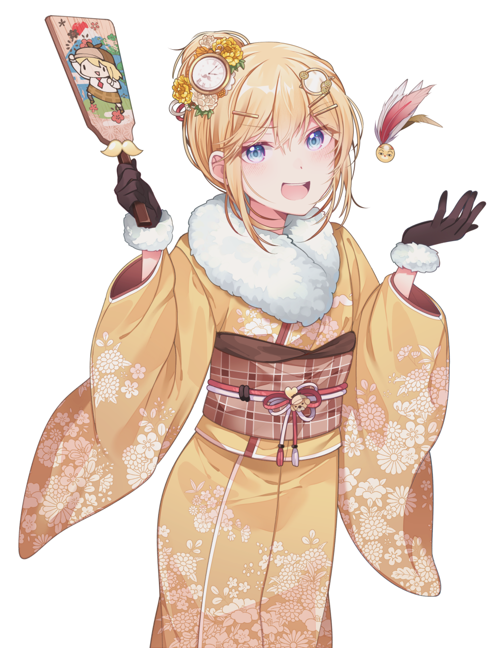 1girl :d bangs blonde_hair blue_eyes blush brown_gloves clock_hair_ornament commentary english_commentary eyebrows_visible_through_hair floral_print flower gloves hair_flower hair_ornament hairband hairclip highres hololive hololive_english japanese_clothes kimono long_sleeves looking_at_viewer mitsumine_(ookami_no_oyashiro) monocle_hair_ornament obi print_kimono sash short_hair smile solo transparent_background virtual_youtuber watson_amelia