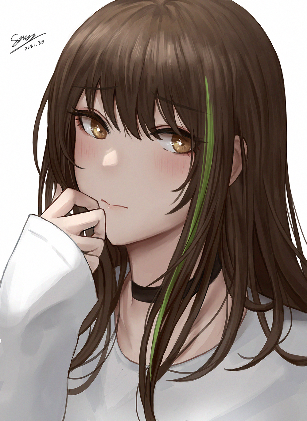 1girl absurdres black_gloves black_shorts breasts brown_eyes brown_hair closed_mouth eyebrows_visible_through_hair feet_out_of_frame girls_frontline gloves green_shirt grey_background hand_on_back hand_on_breast highres long_hair looking_at_viewer m4a1_(girls_frontline) medium_breasts multicolored_hair navel open_clothes open_shorts selcky shirt shorts solo