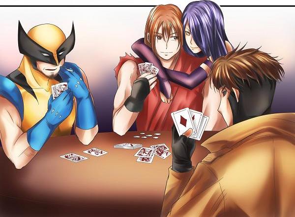 1girl capcom card flirting gambit holding hug ken_masters like long_hair marval marvel marvel_vs._capcom mask money playing_games psylocke smile smoking street_fighter wolverine x-men