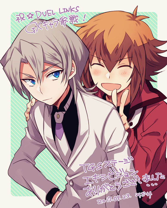 2boys bangs blush brown_hair edo_phoenix formal hair_between_eyes light_brown_hair male_focus messy_hair mikami_(mkm0v0) multicolored_hair multiple_boys necktie raised_eyebrow suit translation_request two-tone_hair upper_body v white_necktie white_suit yu-gi-oh! yu-gi-oh!_gx yuuki_juudai