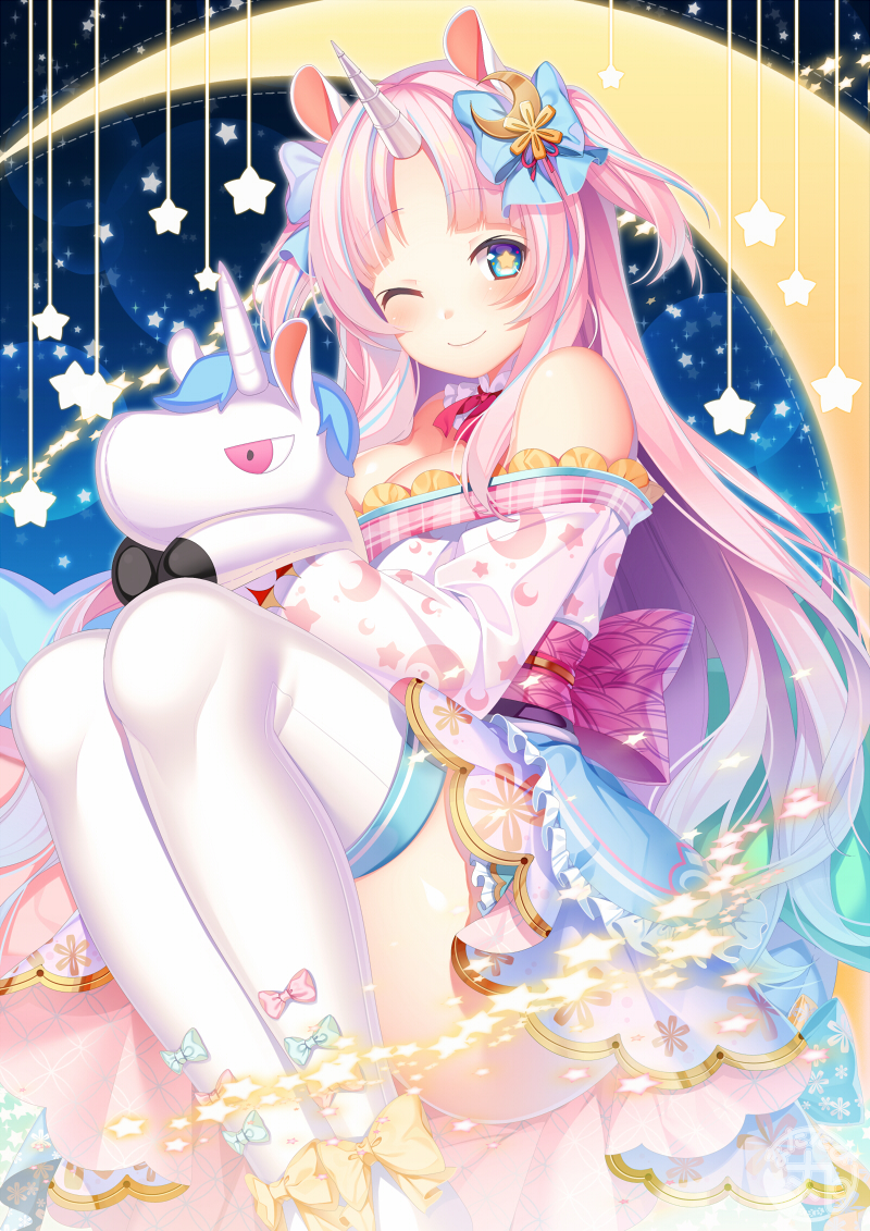 1girl animal_ears blue_eyes crescent crescent_hair_ornament eyebrows_visible_through_hair hair_ornament holding holding_stuffed_toy japanese_clothes kimono long_hair long_sleeves looking_at_viewer matatabi_maru moon obi one_eye_closed original pink_hair sash smile solo star-shaped_pupils star_(symbol) stuffed_toy stuffed_unicorn symbol-shaped_pupils wide_sleeves