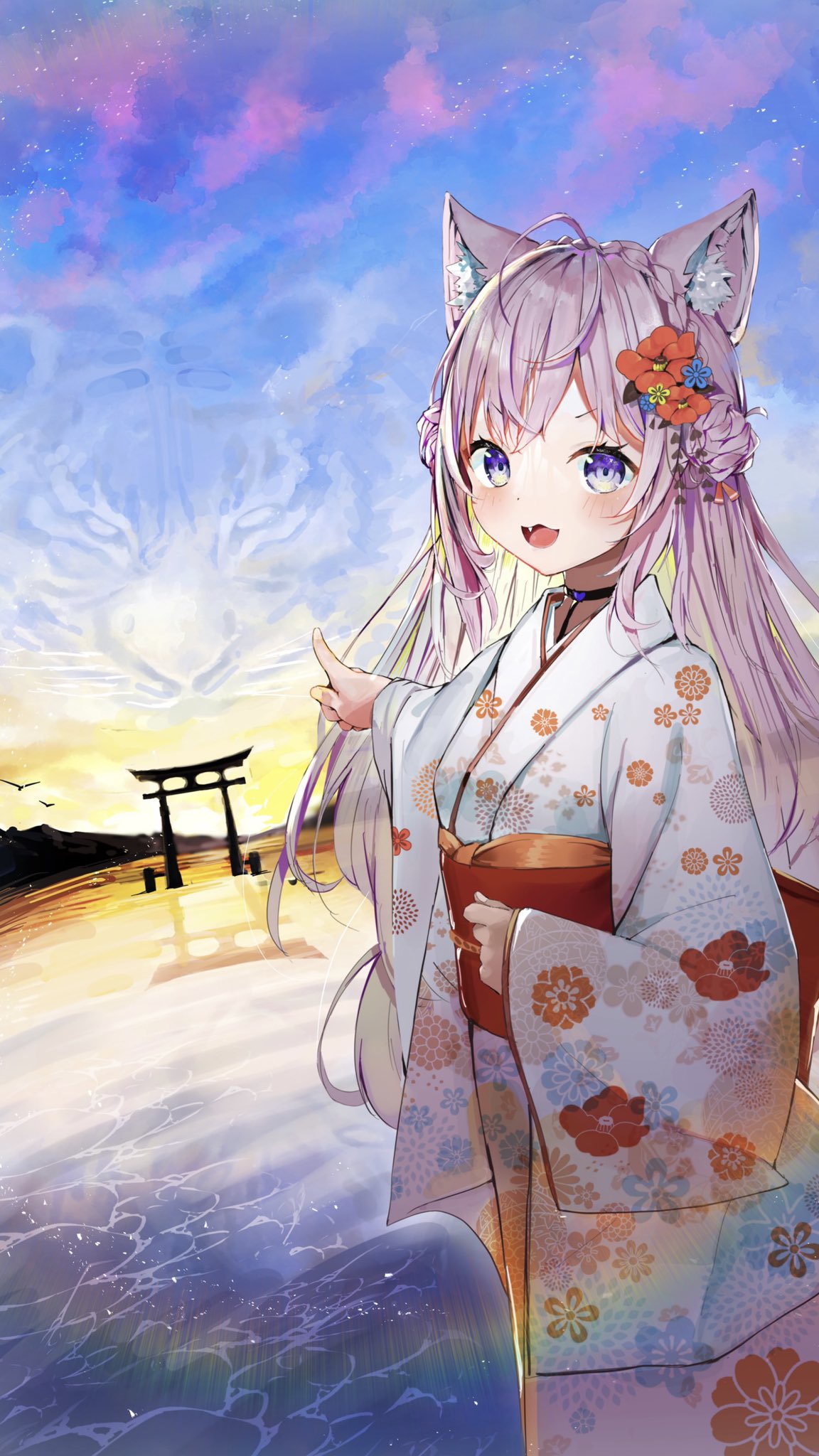 1girl :3 :d animal_ear_fluff animal_ears bangs blush braid commentary_request coyote_ears crown_braid double_bun fang floral_print flower hair_flower hair_ornament hakui_koyori highres hololive japanese_clothes kimono long_hair long_sleeves looking_at_viewer obi outdoors pink_hair pointing print_kimono rinki_oohen sash sky smile solo standing torii violet_eyes virtual_youtuber