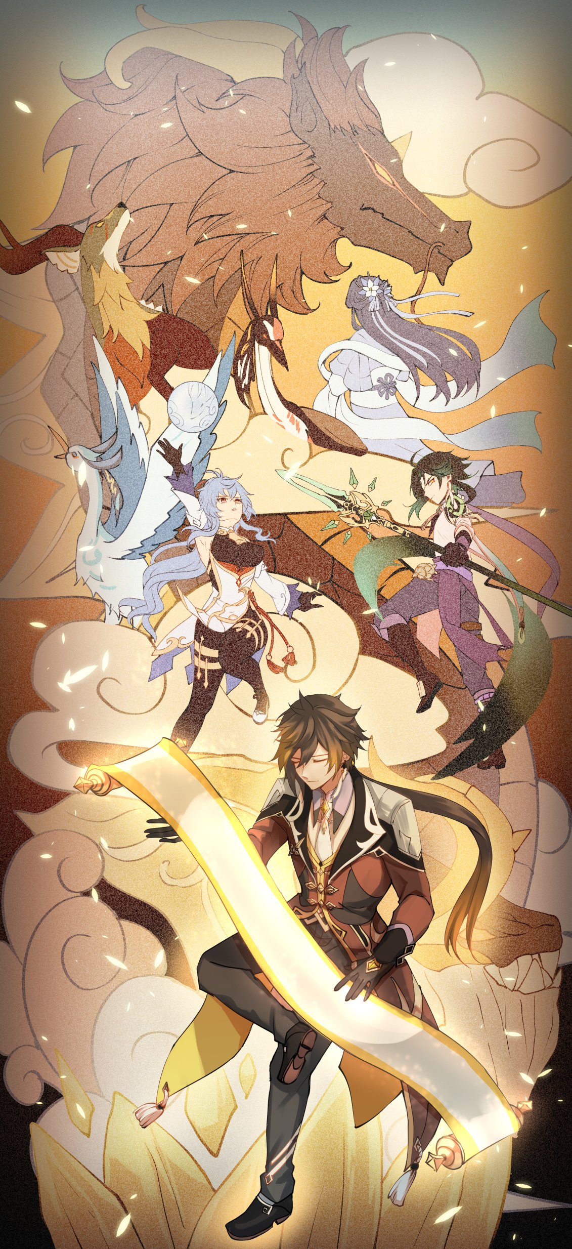 2boys 2girls absurdres ahoge alternate_form antlers aqua_hair arm_up azhdaha_(genshin_impact) bangs bead_necklace beads beak bell blazer blue_eyes breasts brown_hair closed_eyes closed_mouth cloud_retainer_(genshin_impact) clouds cloudy_sky coattails collared_shirt commentary_request cowbell curled_horns detached_sleeves diamond-shaped_pupils diamond_(shape) dragon_horns earrings energy_ball expressionless eyeshadow falling_leaves feathered_wings flower full_body ganyu_(genshin_impact) genshin_impact glaze_lily goat_horns gradient_hair guizhong_(genshin_impact) hair_between_eyes hair_flower hair_ornament highres holding holding_polearm holding_scroll holding_weapon horns invisible_chair jacket jewelry large_breasts leaf lips long_hair long_sleeves looking_at_viewer low_ponytail makeup moon_carver_(genshin_impact) mountain mountain_shaper_(genshin_impact) multicolored_hair multiple_boys multiple_girls necklace necktie orange_hair polearm ponytail reaching_out red_eyeshadow red_horns rex_lapis_(genshin_impact) rinnolatos scroll sharp_teeth shirt shoulder_tattoo sidelocks single_earring sitting sky sleeveless sleeveless_shirt standing suit_jacket symbol-shaped_pupils talons tassel tassel_earrings tattoo teeth two-tone_hair upper_body violet_eyes weapon whiskers white_necktie white_shirt wind wing_collar wings xiao_(genshin_impact) yellow_eyes zhongli_(genshin_impact)