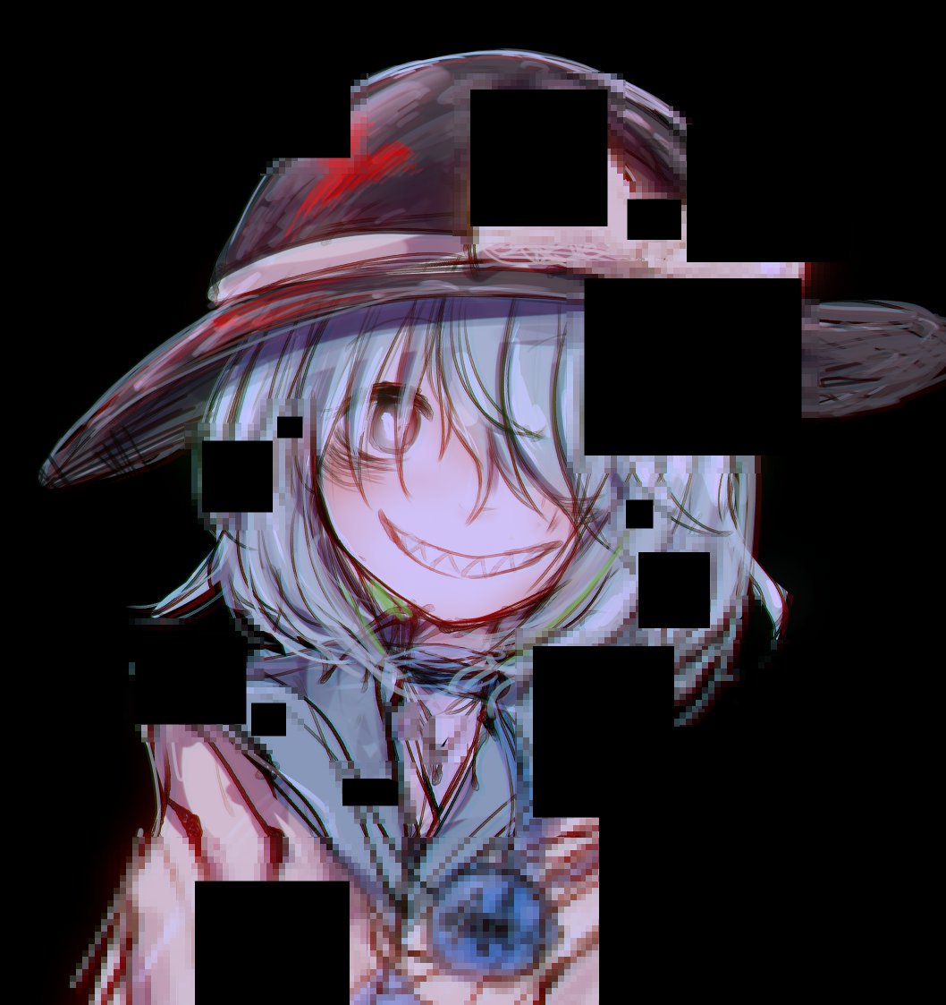 1girl aqua_eyes aqua_hair black_background black_headwear blouse blush buttons collared_blouse diamond_button eyeball frilled_shirt_collar frills grin hair_over_one_eye hat hat_ribbon komeiji_koishi medium_hair pixelated ribbon rpameri sharp_teeth sidelocks simple_background smile solo teeth third_eye touhou wavy_hair yellow_blouse yellow_ribbon