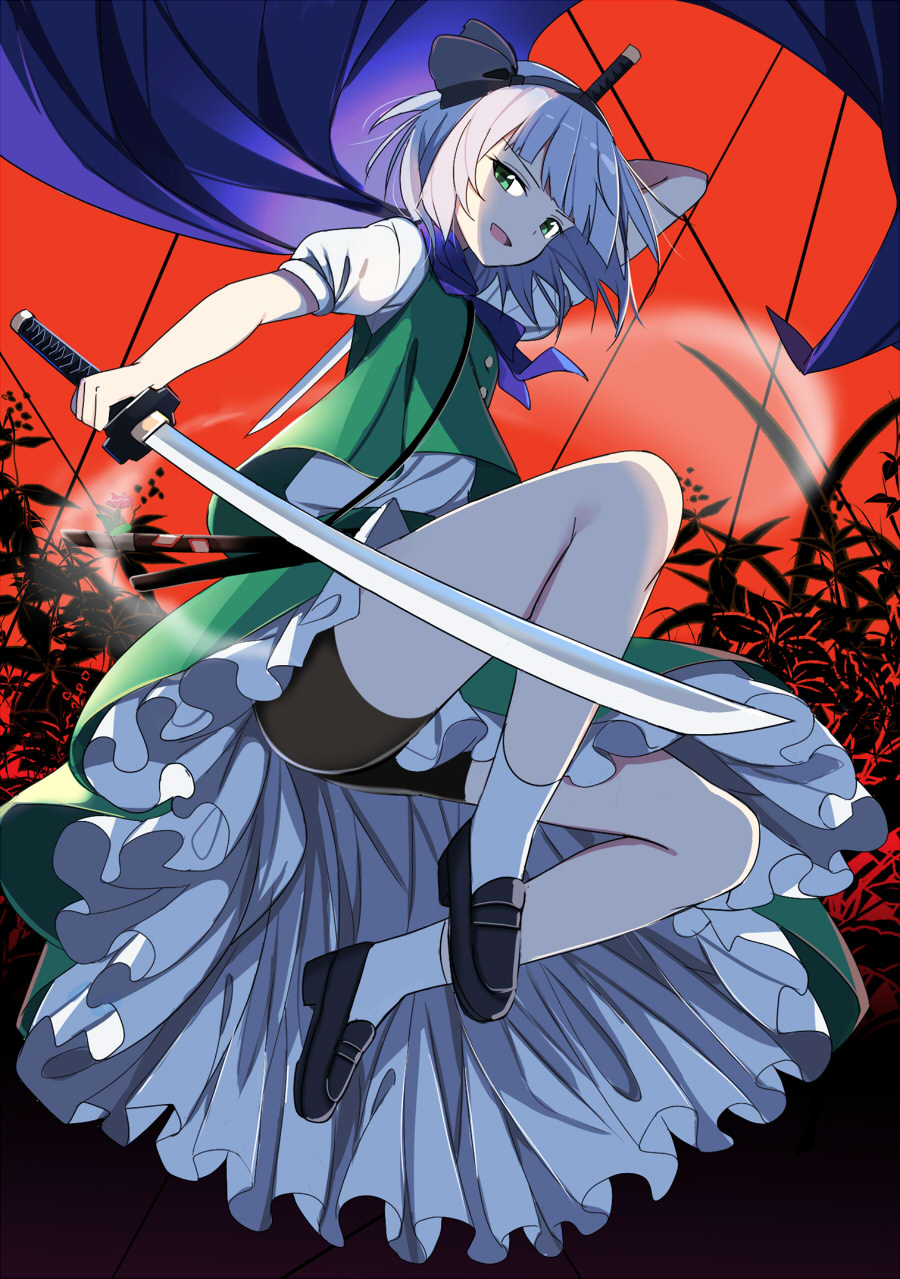 1girl arm_up bangs bike_shorts black_flower black_footwear black_hairband black_shorts breasts buttons collar collared_shirt e.o. eyebrows_visible_through_hair flower flying ghost green_eyes green_skirt green_vest grey_hair grey_shirt hairband hand_up highres hitodama katana konpaku_youmu konpaku_youmu_(ghost) leaf looking_at_viewer medium_breasts open_mouth puffy_short_sleeves puffy_sleeves purple_scarf red_sky scarf shadow shirt shoes short_hair short_sleeves shorts skirt sky smile socks solo sword touhou vest weapon white_legwear white_shirt