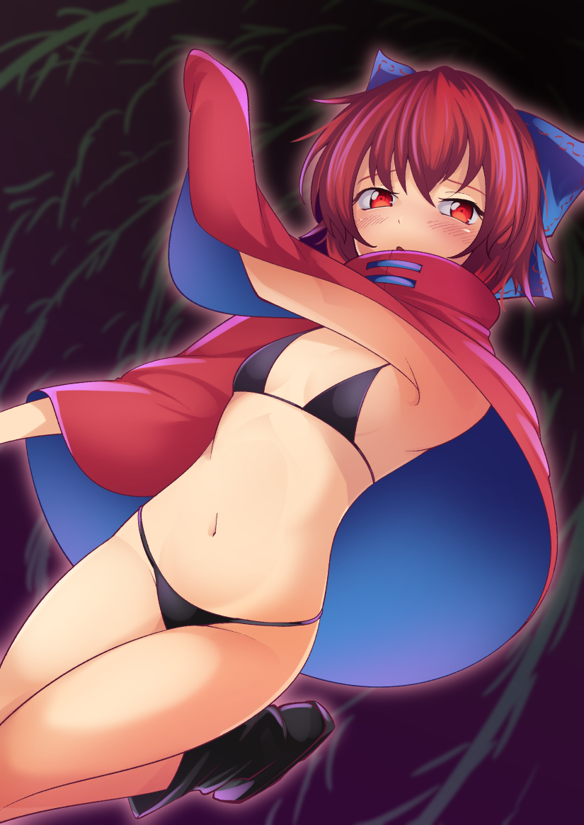 1girl :o arm_up armpit_crease ashiroku_(miracle_hinacle) bangs bikini black_bikini black_footwear blue_bow blush boots bow breasts cape commentary_request dullahan exhibitionism eyelashes folded_leg foot_out_of_frame hair_bow navel open_mouth red_cape red_eyes redhead sekibanki short_hair small_breasts solo standing stomach swimsuit thighs touhou two-sided_cape two-sided_fabric