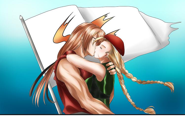 1boy 1girl blonde_hair cammy_white cap chest_harness flag harness hug ken_masters kiss long_hair street_fighter