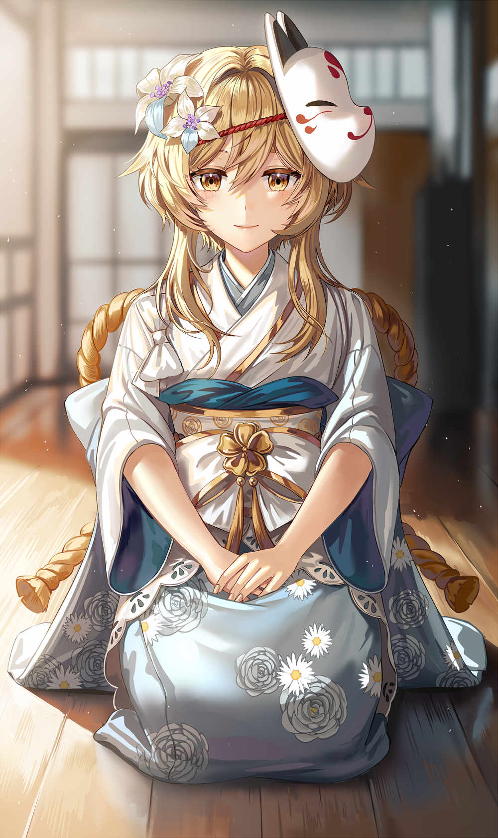 1girl bangs blonde_hair blurry blurry_background blush closed_mouth day depth_of_field floral_print flower fox_mask genshin_impact gold_trim hair_between_eyes hair_flower hair_intakes hair_ornament highres indoors japanese_clothes kimono light_particles long_sleeves looking_at_viewer lumine_(genshin_impact) mask mask_on_head obiage obijime on_floor print_kimono rope sash seiza shimenawa short_hair_with_long_locks sidelocks silence_girl sitting smile solo white_flower white_kimono white_sash wide_sleeves wooden_floor