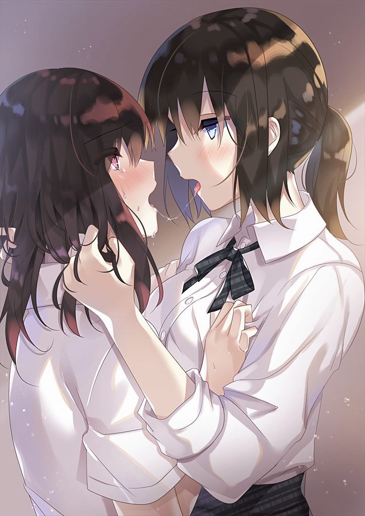 2girls after_kiss blue_eyes blush brown_hair commentary_request eyebrows_visible_through_hair eyes_visible_through_hair hand_in_another's_hair hayakawa_(hayakawa_illust) light_blush multiple_girls original ponytail saliva saliva_trail short_hair tongue violet_eyes yuri