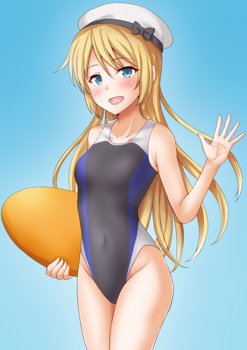 1girl anti_(untea9) bare_arms bare_legs bare_shoulders black_swimsuit blonde_hair blue_background blue_eyes blush collarbone competition_swimsuit cowboy_shot groin hat highres holding jervis_(kancolle) kantai_collection long_hair one-piece_swimsuit open_mouth sailor_hat smile solo swimsuit white_headwear